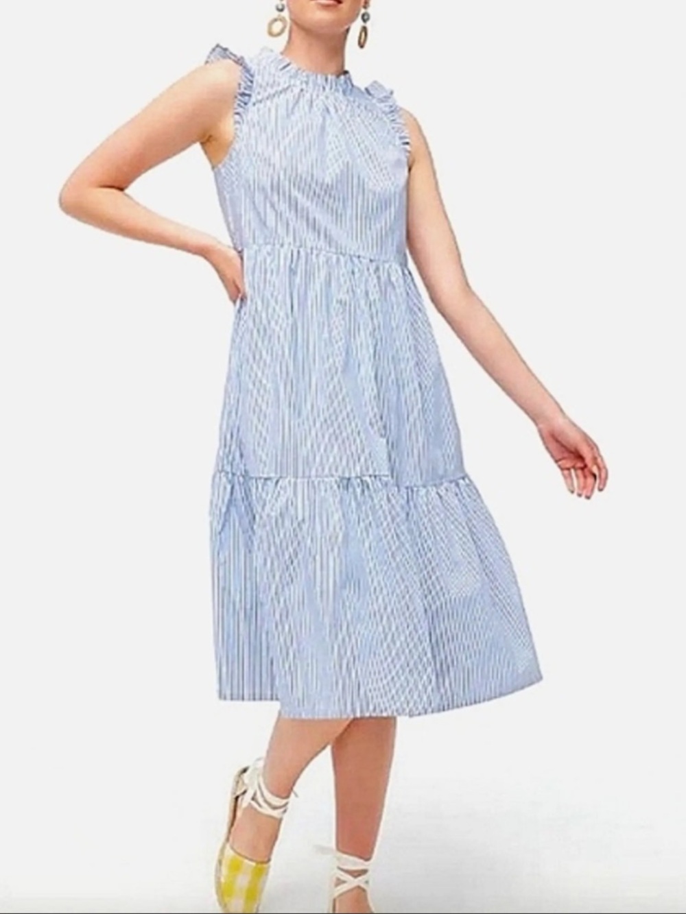 J. Crew Light Blue Striped Tiered Midi Dress